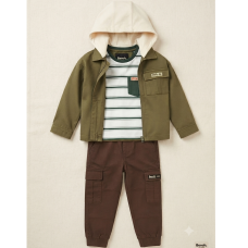 J15573: Boys Bench Hooded Woven Shacket, Top & Cargo Pant Outfit (2-6 Years)